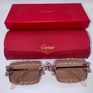 Cartier Buffs Sunglasses Triple Cross Diamond Cut Lens Pink Tint